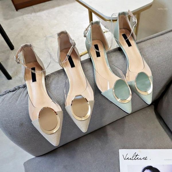 women pumps new 2021 summer fashion buckle transparent mid-heel and pointed pu high-heel hollow single shoes1, Black