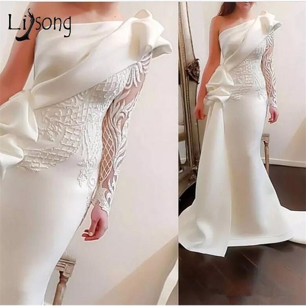 elegant one shoulder mermaid long prom dresses white long sleeves prom gowns satin ruched ruffles applique sweep train lj201123, White;black
elegant one shoulder mermaid long prom dresses white long sleeves prom gowns satin ruched ruffles applique sweep train lj201123, White;black