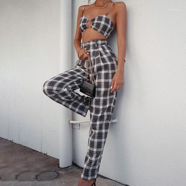 casual 2 pieces plaid set crop camis and long pants harajuku street bodycon camisoles high waist pant summer sets1, White 
casual 2 pieces plaid set crop camis and long pants harajuku street bodycon camisoles high waist pant summer sets1, White