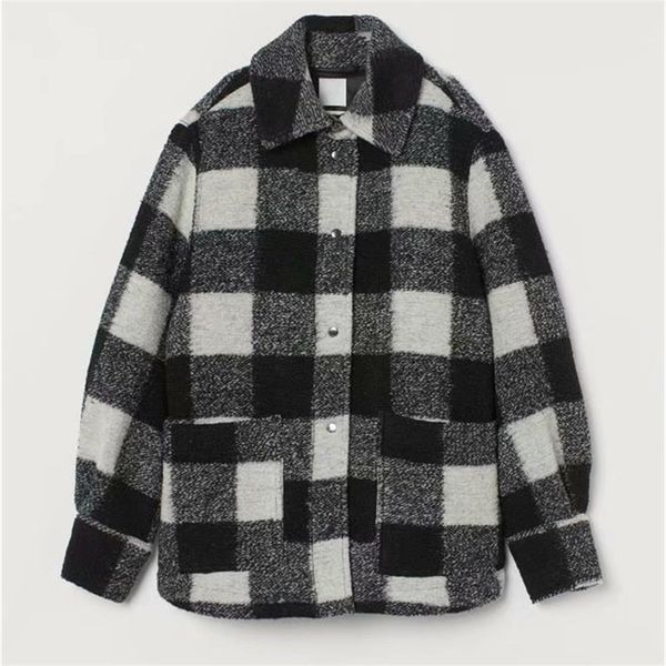 hm women's new fall polo long sleeve black and white plaid blended soft tweed pocket shirt coat 0787160 201026, Black;brown
hm women's new fall polo long sleeve black and white plaid blended soft tweed pocket shirt coat 0787160 201026, Black;brown