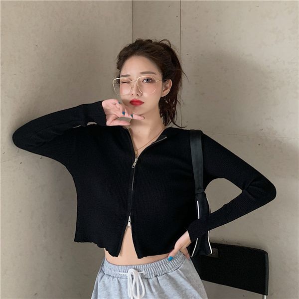 fat mm early autumn new style korean-style vintage slimming double zipper hooded knit short knitted sweater cardigan women's coa, Black;white
fat mm early autumn new style korean-style vintage slimming double zipper hooded knit short knitted sweater cardigan women's coa, Black;white