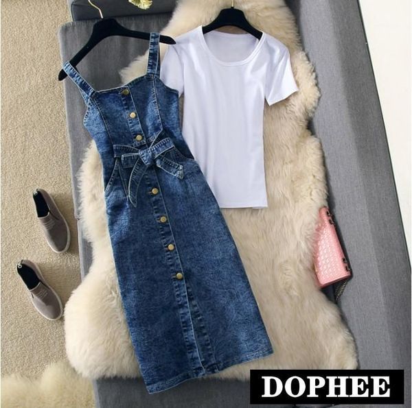 2020 new spring and summer student girls simple white t-shirt + strap single breasted denim dress two-piece women's dress set1, White;black
2020 new spring and summer student girls simple white t-shirt + strap single breasted denim dress two-piece women's dress set1, White;black