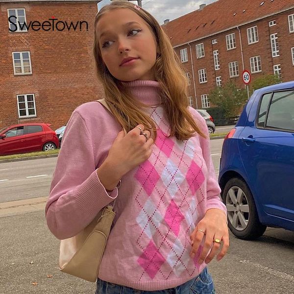sweetown pink y2k aesthetic kawaii sweater women argyle pull plaid preppy style knitwear turtleneck long sleeve pullover jumpers, White;black
sweetown pink y2k aesthetic kawaii sweater women argyle pull plaid preppy style knitwear turtleneck long sleeve pullover jumpers, White;black