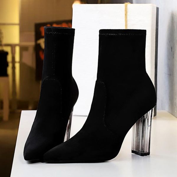 european and american style winter fashion simple transparent crystal and super high heel suede slim short boots, Black
european and american style winter fashion simple transparent crystal and super high heel suede slim short boots, Black