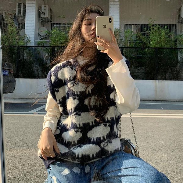 women's vests animal sheep pattern college wind knited casual all match loose basic sleeveless female women sweaters, Black;white
women's vests animal sheep pattern college wind knited casual all match loose basic sleeveless female women sweaters, Black;white