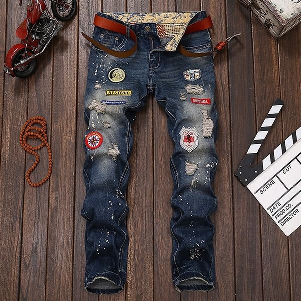 men's ripped jeans korean version of the trend street hip-hop personality high street straight loose men embroidered beggar pants, Blue
men's ripped jeans korean version of the trend street hip-hop personality high street straight loose men embroidered beggar pants, Blue