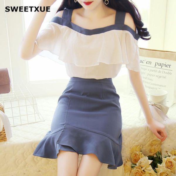 sweetxue summer new small fresh suit skirt female strapless chiffon shirt half-length fishtail skirt suspender two-piece set1, White 
sweetxue summer new small fresh suit skirt female strapless chiffon shirt half-length fishtail skirt suspender two-piece set1, White