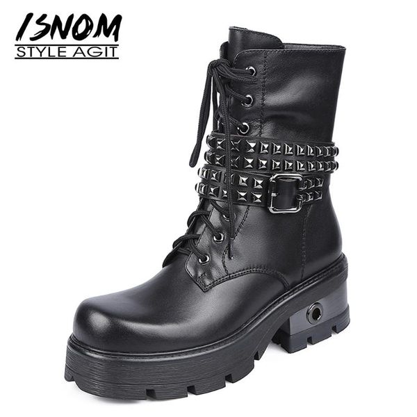 isnom woman rivets ankle boots real leather metal square toe chunky heel platform shoes women zip lace up booties, Black
isnom woman rivets ankle boots real leather metal square toe chunky heel platform shoes women zip lace up booties, Black