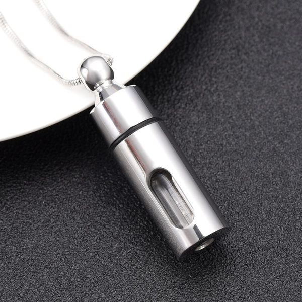 chains ijd10034 see through keepsake cremation urn glass stainless steel pendant necklace-cylinder for ashes, Silver