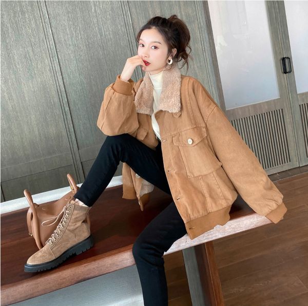 plush jacket loose plush lapel casual jacket, Tan;black