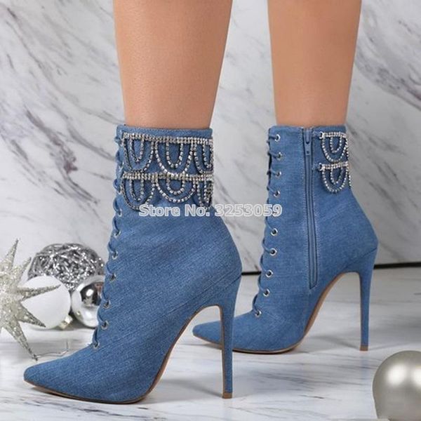 chic blue jean ankle boots glitter drape crystal fringe shoes pointed toe thin high heel women chain booties elegant denim shoes, Black
chic blue jean ankle boots glitter drape crystal fringe shoes pointed toe thin high heel women chain booties elegant denim shoes, Black