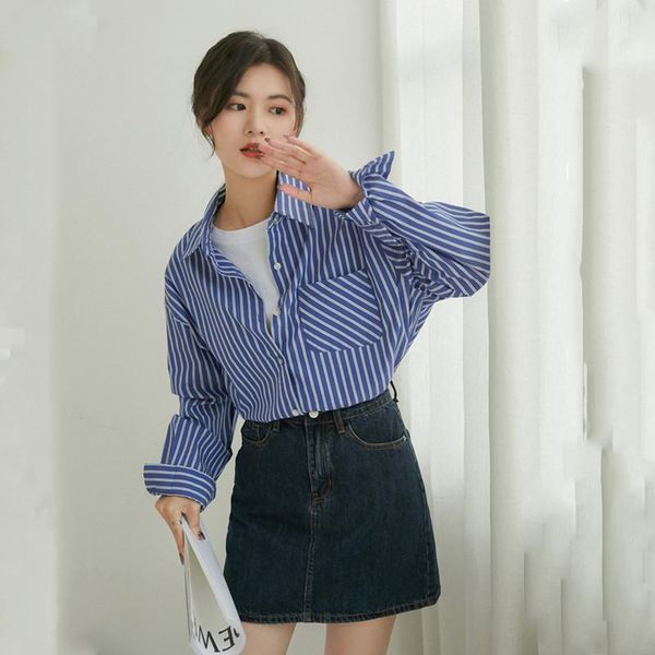 blue striped shirt female design sense niche outside wear all-match long-sleeved 2020 new autumn autumn clothes, White 
blue striped shirt female design sense niche outside wear all-match long-sleeved 2020 new autumn autumn clothes, White