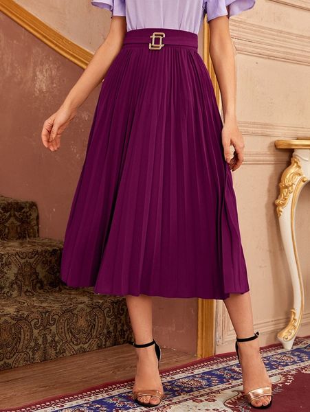 solid pleated skirt with belt j0kz#, Black