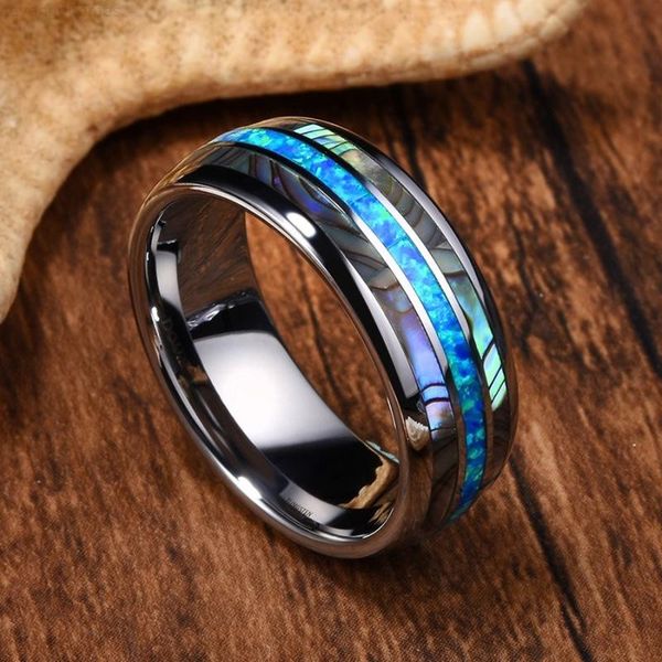 shells tungsten 8mm blue opal wide steel inlaid rings never fade engagement band ring men's jewelry, Silver
shells tungsten 8mm blue opal wide steel inlaid rings never fade engagement band ring men's jewelry, Silver