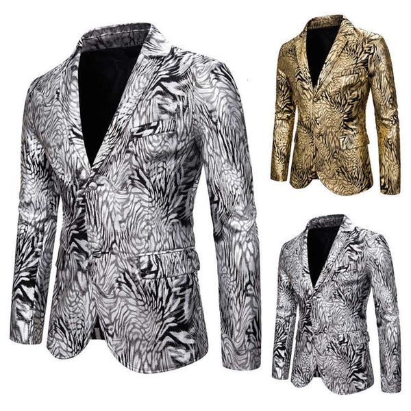 slim fashion snake print gold men's stamping suit dress show coat x133, White;black