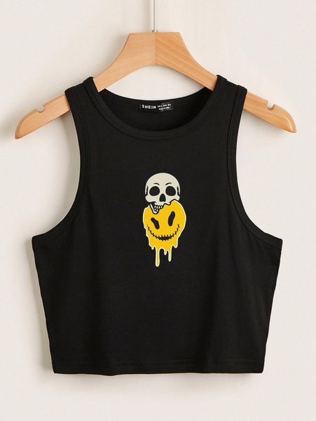 plus skull and cartoon graphic tank o2id#, Black 
plus skull and cartoon graphic tank o2id#, Black
