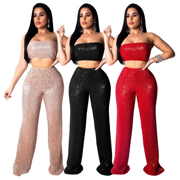 women's two piece pants one shoulder is in europe and america, and fashionable sequin bra, White
women's two piece pants one shoulder is in europe and america, and fashionable sequin bra, White