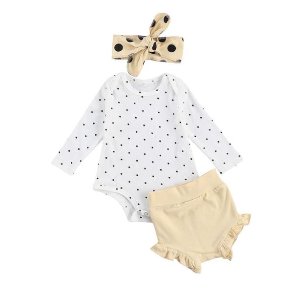 clothing sets 0-18m born baby boy girl long sleeve polka dot cotton bodysuit ruffles bloomers shirts headband 3pcs set, White 
clothing sets 0-18m born baby boy girl long sleeve polka dot cotton bodysuit ruffles bloomers shirts headband 3pcs set, White