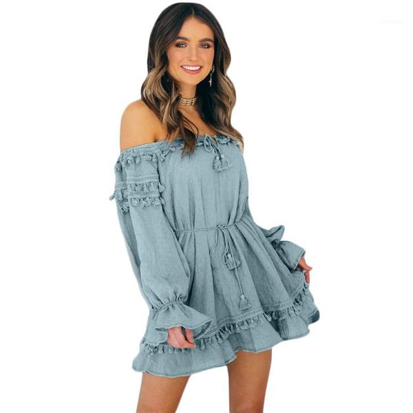 women summer beach dress solid color off shoulder long sleeve elegant ladies dress tie bandage tassel high waist vacation wear1, Black;gray
women summer beach dress solid color off shoulder long sleeve elegant ladies dress tie bandage tassel high waist vacation wear1, Black;gray