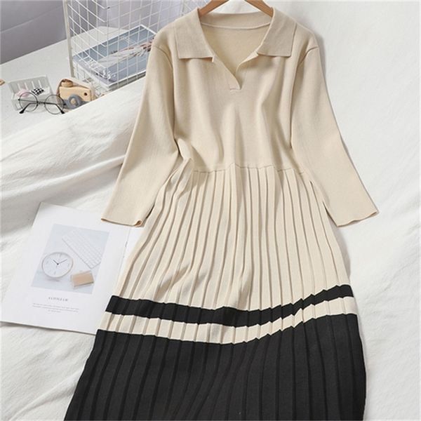 2021 new new autumn all-match sweet lapel dress korean style slim knit fashion contrast pleated long skirt fd1m, Black;gray
2021 new new autumn all-match sweet lapel dress korean style slim knit fashion contrast pleated long skirt fd1m, Black;gray