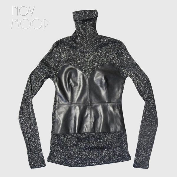 women's leather & faux novmoop russian fashion style silver lurex spliced high-necked sheepskin genuine bottoming shirt col roulé femme, Black
women's leather & faux novmoop russian fashion style silver lurex spliced high-necked sheepskin genuine bottoming shirt col roulé femme, Black