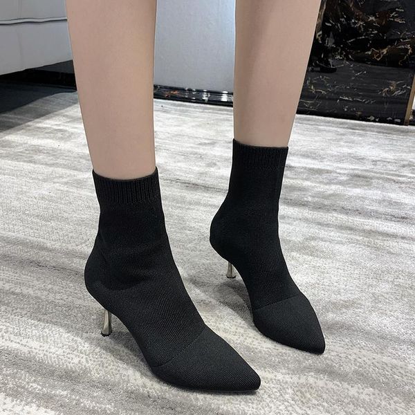 boots black sock heels stretch fabric shoes women metal heel elastic ankle winter pointed toe booties
boots black sock heels stretch fabric shoes women metal heel elastic ankle winter pointed toe booties