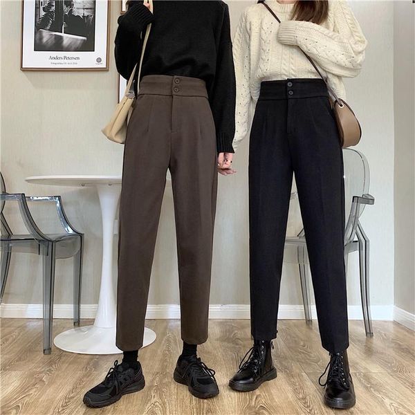 female autumn winter woolen trousers harem pants retro temperament casual straight pipe loose elastic pants, Black;white 
female autumn winter woolen trousers harem pants retro temperament casual straight pipe loose elastic pants, Black;white