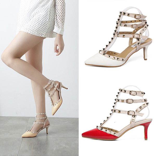 red 2020 new choking pepper slim heel sandals with three rivets and pointed head color matching high heel women's shoes, Black
red 2020 new choking pepper slim heel sandals with three rivets and pointed head color matching high heel women's shoes, Black