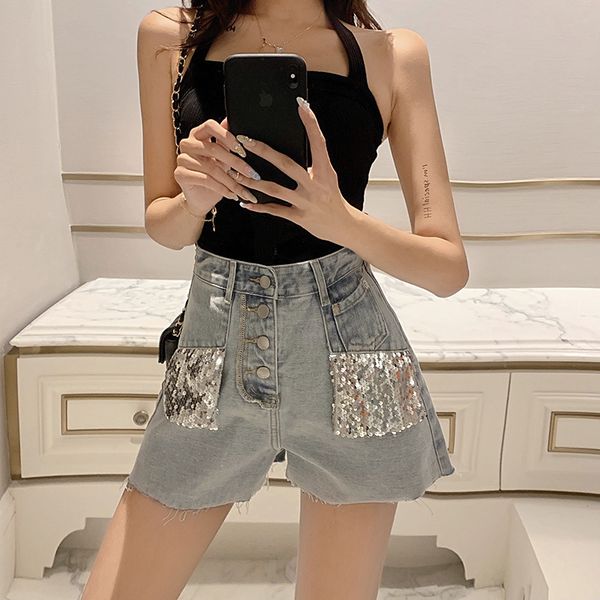 trendy hong kong style sequin with rough ee light color high waist denim shorts wide leg pants female, Blue
trendy hong kong style sequin with rough ee light color high waist denim shorts wide leg pants female, Blue