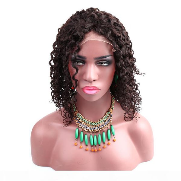 peruvian half hand tied human hair wigs for african american women deep curly wave remy hair wigs 130% to 150% density, Black;brown