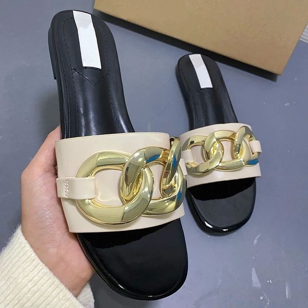 patent leather women's slippers beige chain decoration flat open toe shoes woman fashion slides rubber sole female flip flops #vm8p, Black
patent leather women's slippers beige chain decoration flat open toe shoes woman fashion slides rubber sole female flip flops #vm8p, Black