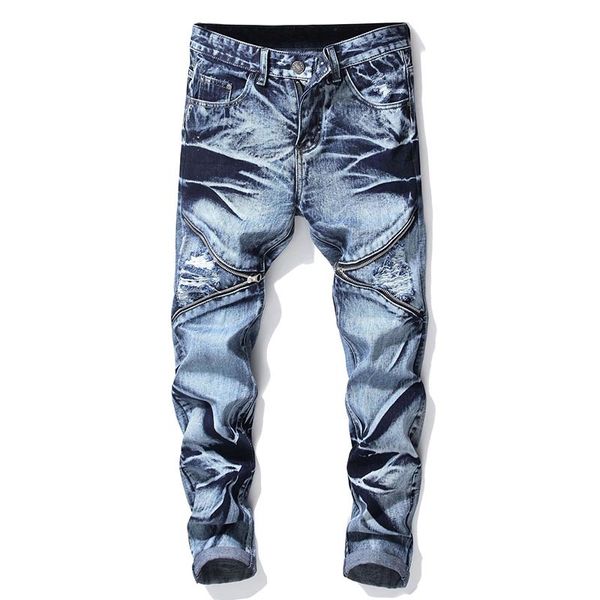 kiovno men's biker ripped denim trousers distressed pleated moto jeans pants male fashion designer, Blue
kiovno men's biker ripped denim trousers distressed pleated moto jeans pants male fashion designer, Blue