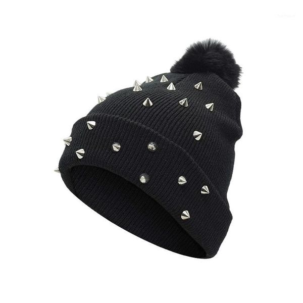 women punk rivet winter hat black big pom pom hat fashion knitted wool thick warm ladies hat1, Blue;gray
women punk rivet winter hat black big pom pom hat fashion knitted wool thick warm ladies hat1, Blue;gray