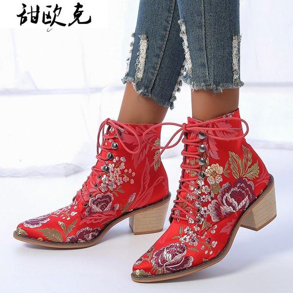 2020 new winter women's boots fashion lace-up square heel embroidered ankle boots pointed mid-heel short zapatos de mujer, Black
2020 new winter women's boots fashion lace-up square heel embroidered ankle boots pointed mid-heel short zapatos de mujer, Black