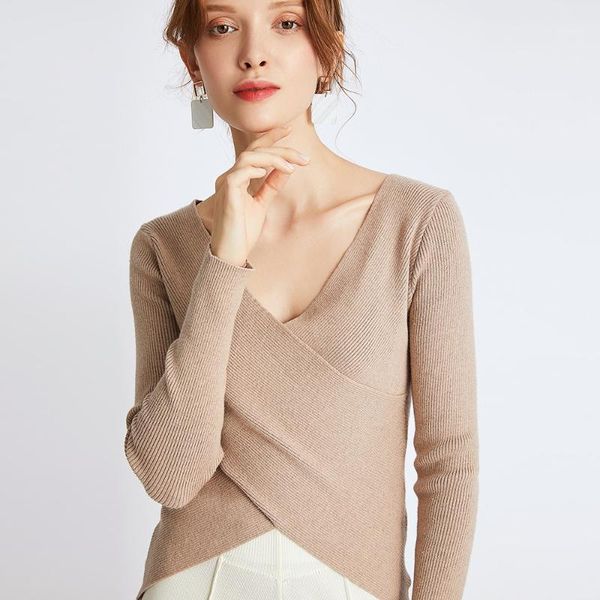 deep vneck wrap sweater women's pullover casual slim bottoming sweaters female elastic cotton long sleeve office femme1, White;black 
deep vneck wrap sweater women's pullover casual slim bottoming sweaters female elastic cotton long sleeve office femme1, White;black