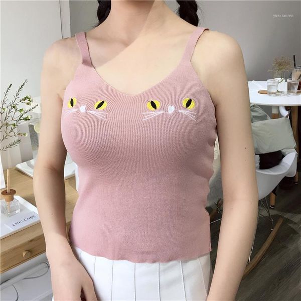 women pretty cat embroidery summer camisoles backless casual stretch knitted tank, White
women pretty cat embroidery summer camisoles backless casual stretch knitted tank, White