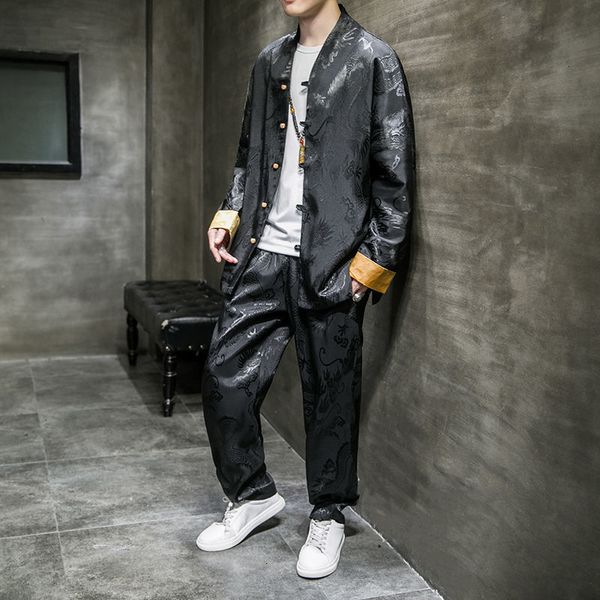 two piece suit men's long sleeve jackets casual oversize trousers chinese style 2021 new male clothing g177, Black
two piece suit men's long sleeve jackets casual oversize trousers chinese style 2021 new male clothing g177, Black