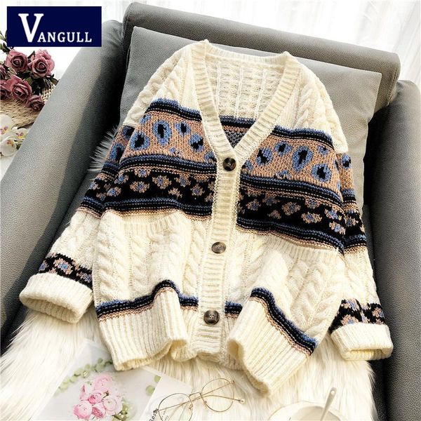 vangull print cardigan women sweater autumn new v-neck knitted single breasted loose korean long sleeve thick soft sweater coat, White;black 
vangull print cardigan women sweater autumn new v-neck knitted single breasted loose korean long sleeve thick soft sweater coat, White;black