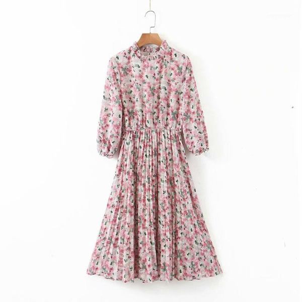 casual dresses 2021 women sweet pink floral printing hem pleated dress female three quarter sleeve vestidos chic slim ds36241, Black;gray
