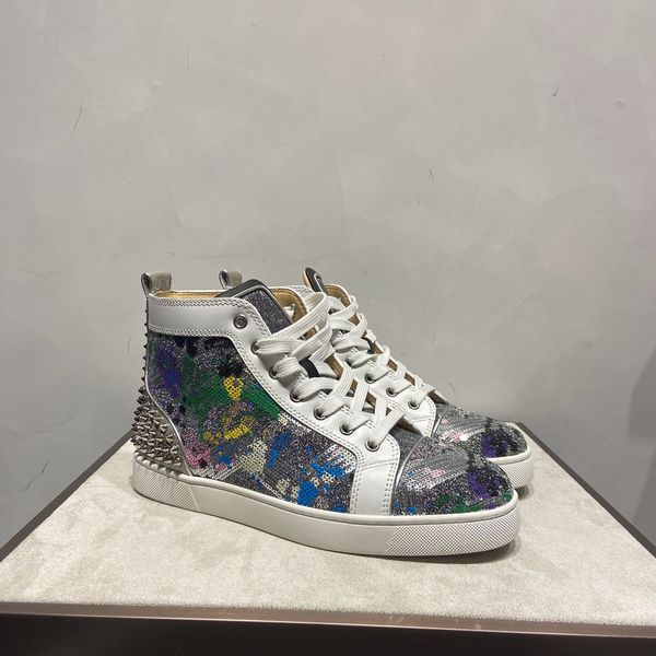 shiny high sneaker red bottoms flats spikes iii with multi-colored sequins with genuine leather men party wedding casual shoes sports, Black
shiny high sneaker red bottoms flats spikes iii with multi-colored sequins with genuine leather men party wedding casual shoes sports, Black