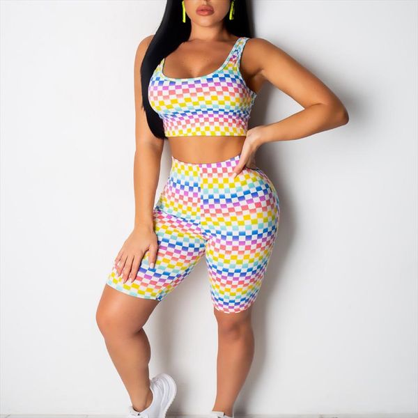 print sleeveless crop biker shorts two piece set bodycon elastic waist short pants women tracksuit women sports suit, Gray