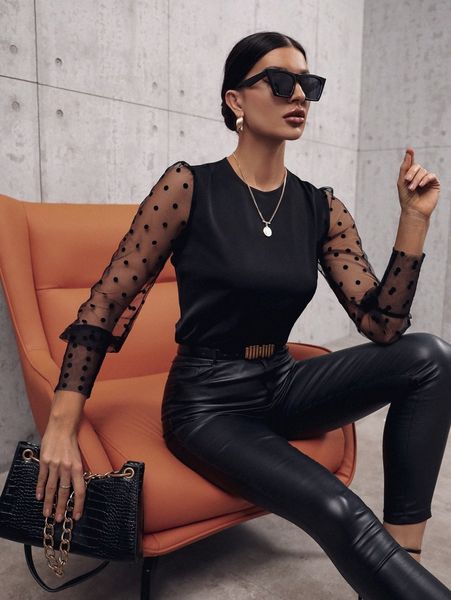 dobby mesh panel blouse z61x#, White