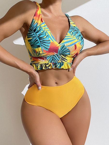 plant print ruffle hem high waisted bikini swimsuit 28pq#, White;black