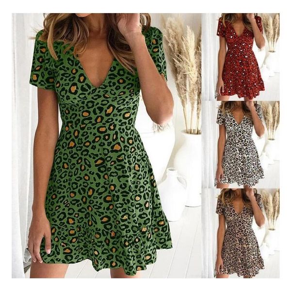 women sweet v-neck high waist short sleeve leopard print a-line short dress party club beach wear, Black;gray
women sweet v-neck high waist short sleeve leopard print a-line short dress party club beach wear, Black;gray