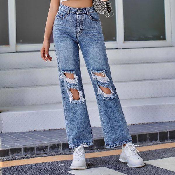 women casual ripped holes jeans denim pants ladies solid color high waisted flare trousers with pockets spring autumn wear, Blue
women casual ripped holes jeans denim pants ladies solid color high waisted flare trousers with pockets spring autumn wear, Blue