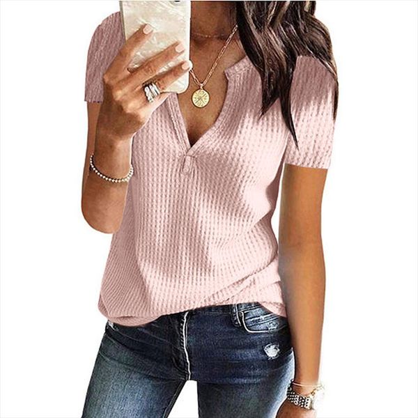 female casual split v neck waffle knit pullover loose fashion womens summer short sleeve t shirt poleras de mujer moda, White
female casual split v neck waffle knit pullover loose fashion womens summer short sleeve t shirt poleras de mujer moda, White