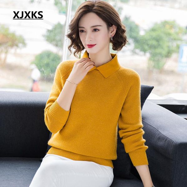 xjxks new 2021 spring cashmere knitted sweater women pullover fashion lapel women solid color sweater, White;black
xjxks new 2021 spring cashmere knitted sweater women pullover fashion lapel women solid color sweater, White;black