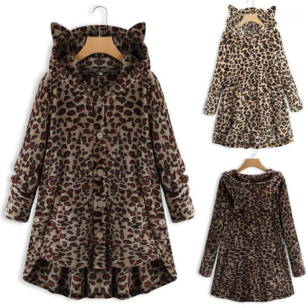 women button leopard coat fleece cat ears asymmetrical hem hooded sweater plus size long coat w12101, Black
women button leopard coat fleece cat ears asymmetrical hem hooded sweater plus size long coat w12101, Black