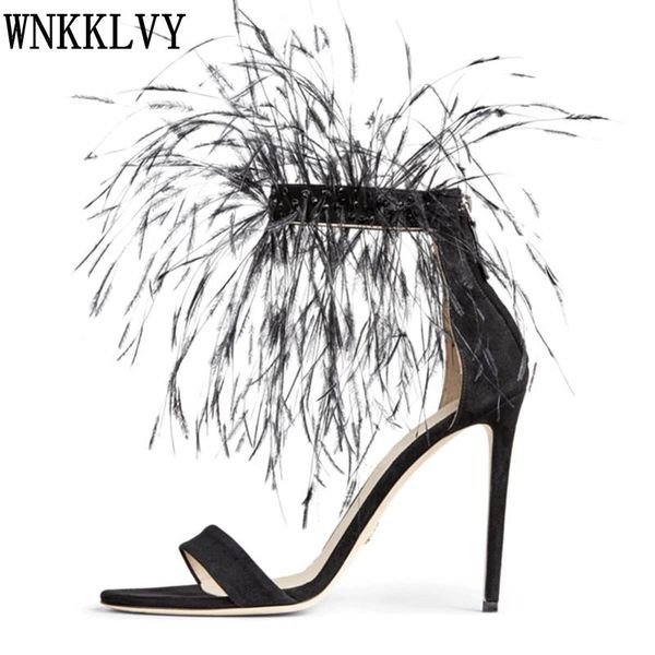 sandals feather thin high heel women suede narrow band ankle strappy sandalias summer party dress shoes stilettos 2021, Black