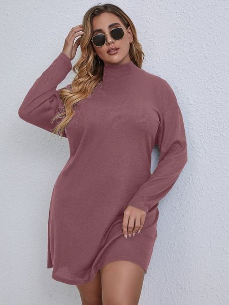 plus mock neck waffle knit dress c1cv#, Black